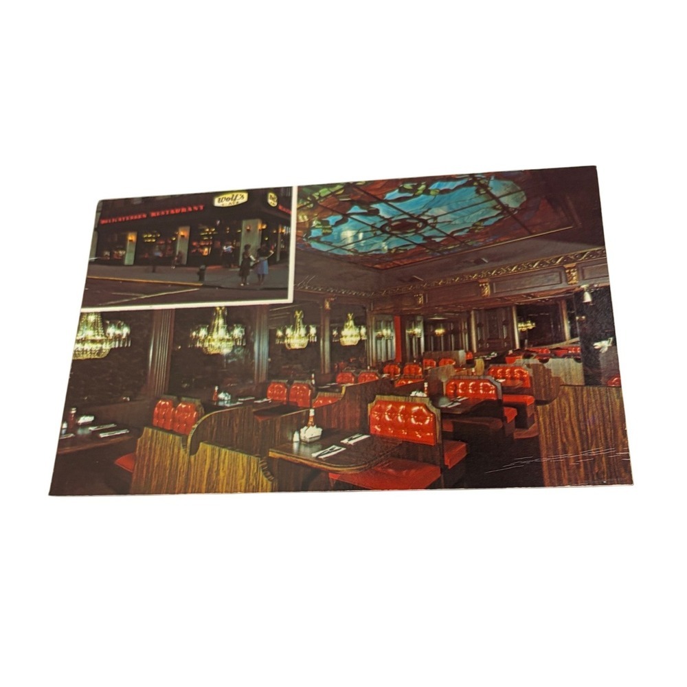 Vintage Wolf's 6th Avenue Restaurant Delicatessen NYC Postcard Stained Glass